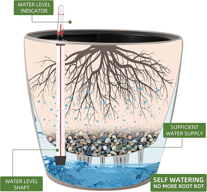 Dexceder 18x17 Self Watering Planter with Wheels Indoor Outdoor, Inner Pot Design, Thickened Large Floor Standing Flower Plant Pot with Water Level Indicator (Taupe Matte)