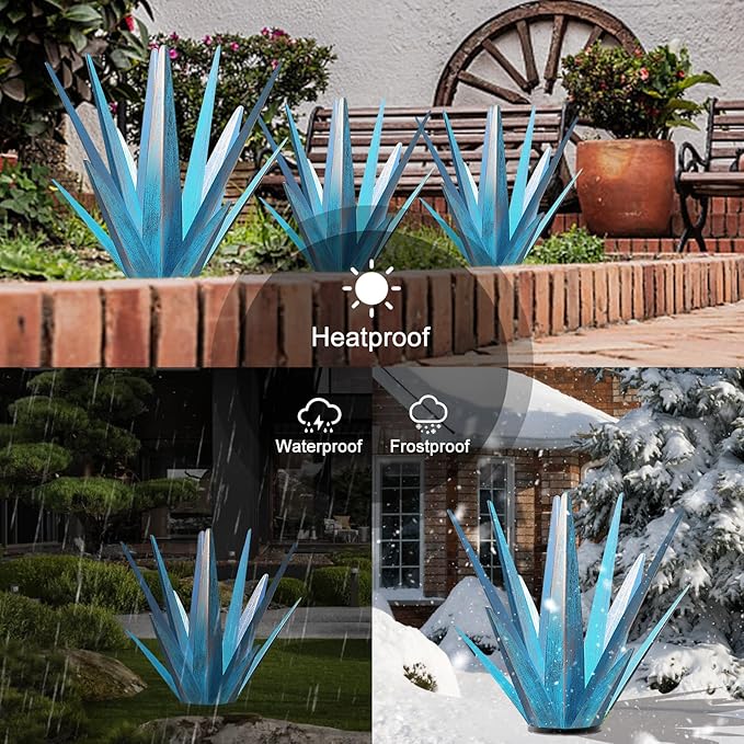 Enlarge Metal Plants Tequila Rustic Sculpture, Outdoor Patio Yard, Home Decor Hand Painted Agave Garden Statue, Outdoor Lawn Ornaments Yard Stakes for Mom Gift (1 Big Blue)