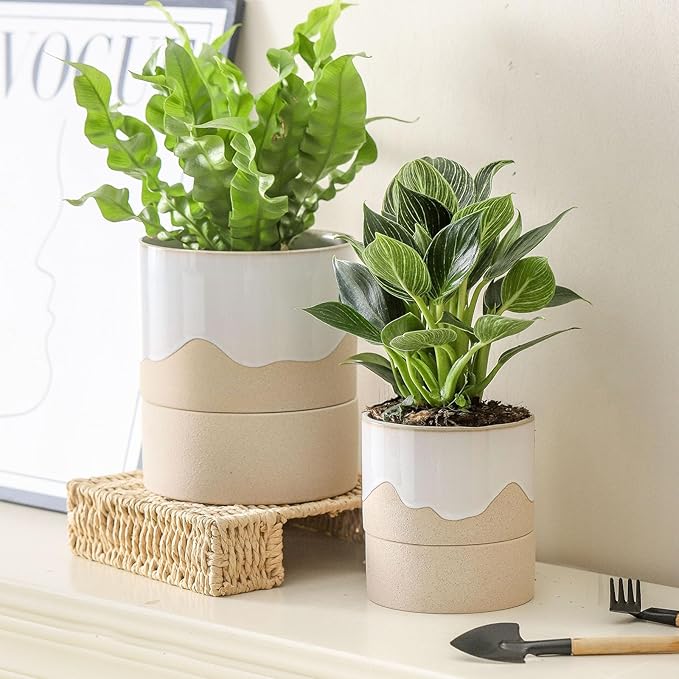 Nihow Self Watering Plant Pot for Indoor Plants: 4.5+6 Inch Ceramic Planter with Drainage Hole & Water Storage Plus - Cylinder Flower Pot with Wick for Herbs -White & Nature