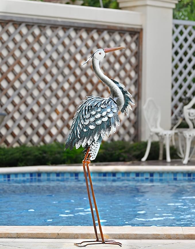 TERESA'S COLLECTIONS Garden Decor Blue Heron Sculptures & Statues Decor, 33.8 Inch Coastal Metal Cranes Decoy for Outdoor Outside Yard Art Patio Pond Pool Lawn Decorations,Housewarming Gift