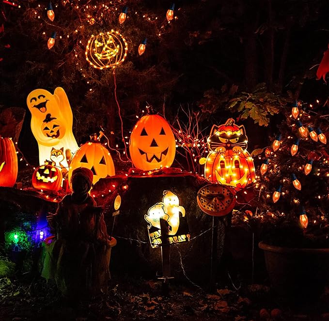 C9 Clear Orange String Light, 25Ft Outdoor Halloween Light String with 25 Clear Edison Bulbs, C9 Vintage Glass Hanging Lights for Patio Halloween Party Holiday Decor, C9/E17 Base, Black Wire