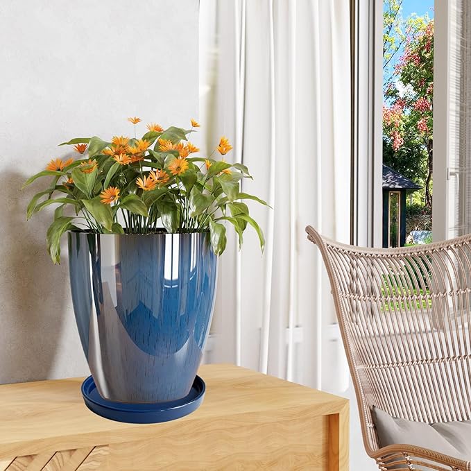 Ceramic Plant Saucer Pot Tray 10 Inch, Planter Saucers 4 5 6 7 8 9 10 11 12 13 Inch for Indoors Outdoor, Durable Sturdy Flower Drainage drip Water Tray for Glazed Pots Base (10.7 Inch-Blue)