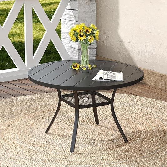 DIFY Outdoor Dining Table for 4, Round Patio Table with Umbrella Hole for Garden, Backyard and Porch (Black)