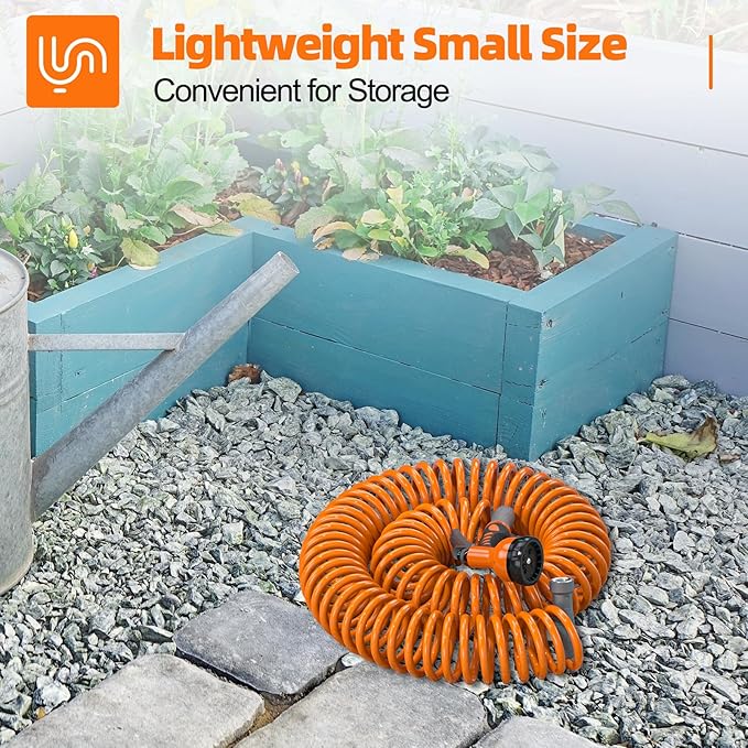 3/8” Lightweight Coil Garden Hose 50 FT, EVA Retractable Curly Water Pipe with 6-Pattern Spray Nozzle for Boat, Greenhouse, Yard, Patio (Orange)