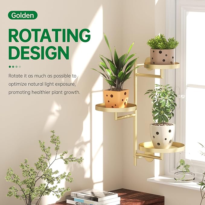 Rotating Window Plant Shelves, 3-Tier Metal Plant Shelf Indoor, Gold Plant Stand, Plant Rack for Wall Planters for Plants Window Sill Gifts for Plant Lovers