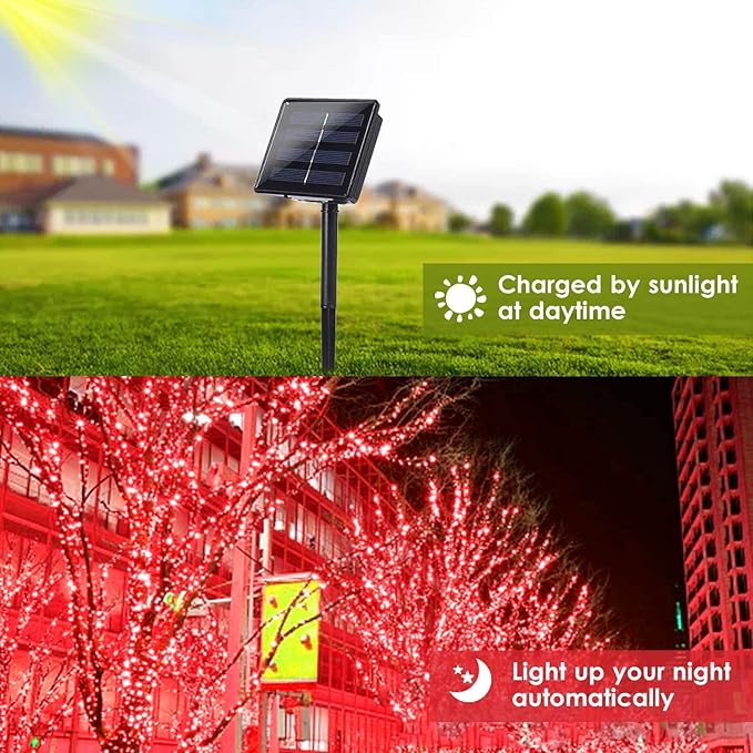 Solar String Lights Outdoor, 2-Pack Total 80FT 200 LED Solar Christmas Twinkle Lights Outside Waterproof Copper Wire 8 Modes Solar Fairy Lights for Garden Tree Party Birthday Christmas Decor (Red)
