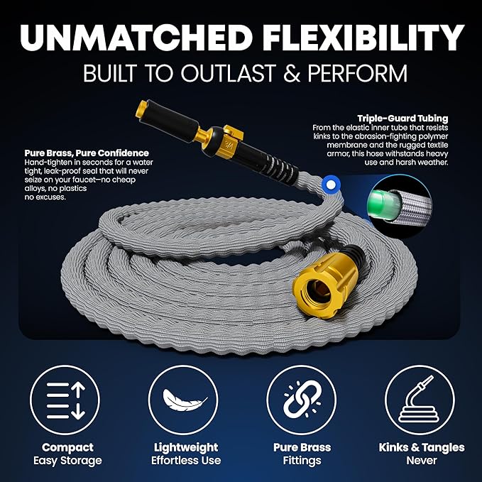 TITAN Flexible Garden Hose 50FT – Ultra Lightweight, Heavy Duty Water Hose with Brass Fittings & Jet Nozzle – Kink-Free, Non-Expanding, Durable Fabric Hose for Yard, Lawn, Car Wash, Outdoor Use