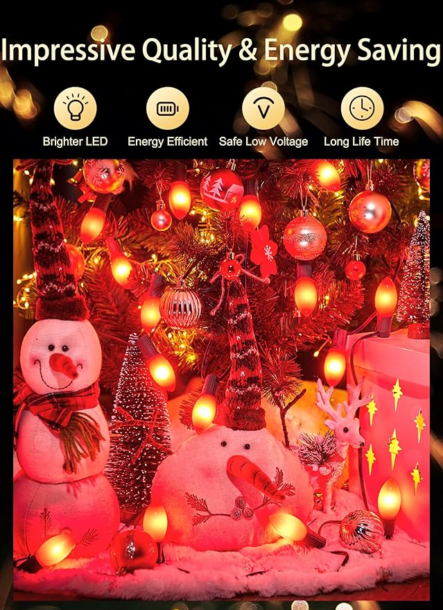 Vintage C9 LED Christmas Lights Outdoor, 50 Feet C9 String Lights with 50 Shatterproof Matte Bulbs, Connectable Waterproof Lights for Holiday Party Roofline Backyard Garden Patio, Red