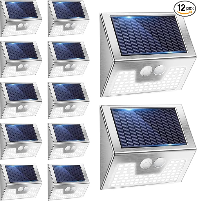 Vighrep 12-Pack Solar Motion Lights - Outdoor, Brushed Nickel, Bright Cold White, Waterproof LED Fence Lights Wireless for Wall, Yard, Steps, Stairs, Garden