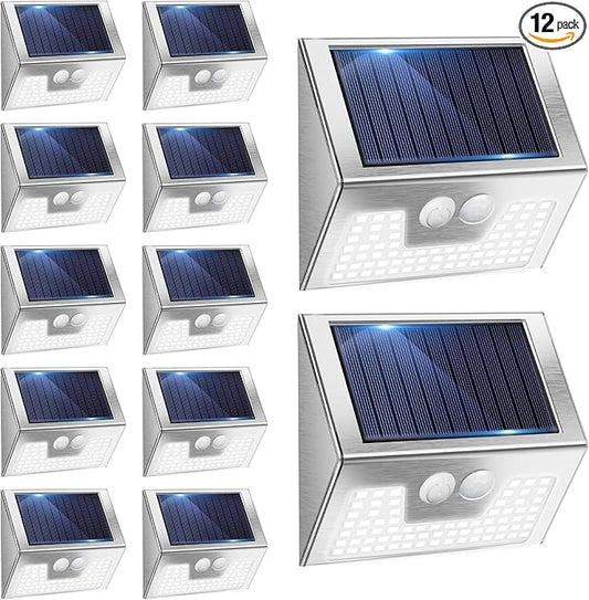 Vighrep 12-Pack Solar Motion Lights - Outdoor, Brushed Nickel, Bright Cold White, Waterproof LED Fence Lights Wireless for Wall, Yard, Steps, Stairs, Garden