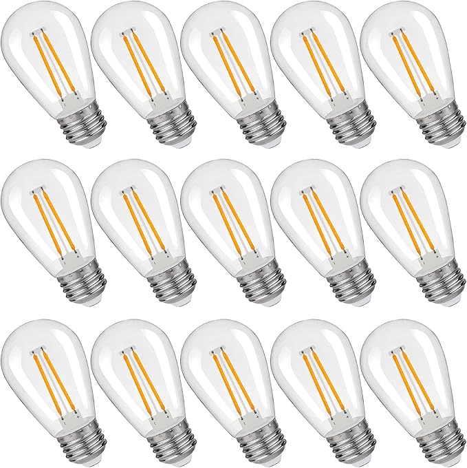S14 Replacement LED Light Bulbs, Shatterproof & Waterproof 2W S14 Edison LED Bulbs, Outdoor String Lights, E26 Base Patio Lights, Warm White 2200K Plastic 150ML Non-Dimmable 15 Pack
