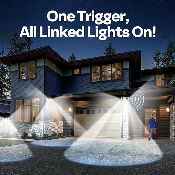 VIVOHOME Linkable Solar Flood Lights Outdoor, 2 Adjustable Motion Sensors Security Lights with 3 Heads, 2500LM, IP65 Waterproof, Solar Powered for Outside, Yard, Porch, Patio, 3 Pack