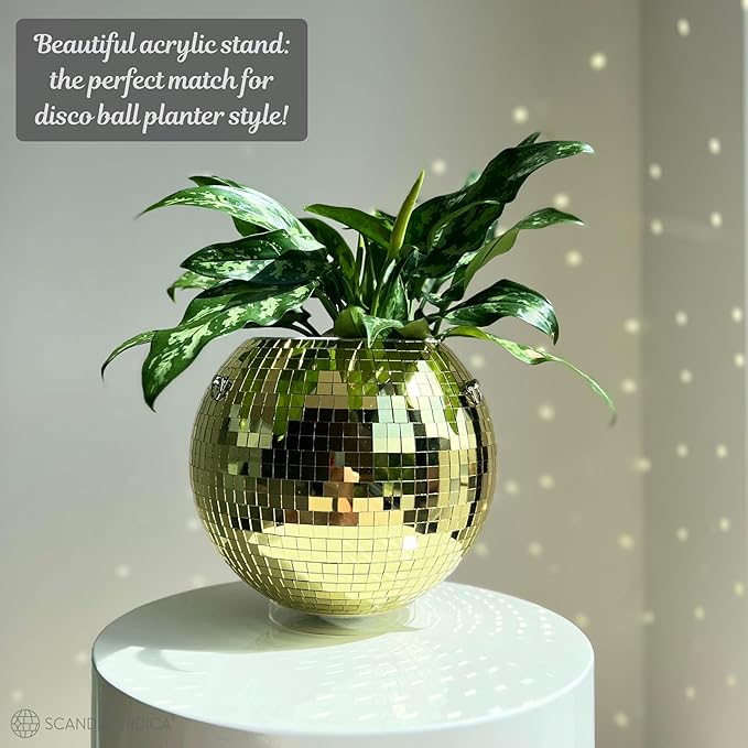 SCANDINORDICA Disco Ball Planter – Value Package: Mirror Disco Planter with Chain, Macrame Hanger and Acrylic Stand for Desk, Includes Self Watering Pot, Plant Accessories | 10 inch Gold