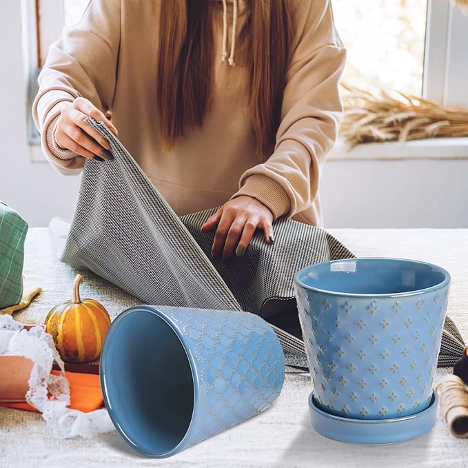 EFISPSS Plant Pots, 5 Inch Pots for Indoor Plants, Planters with Drainage Hole and Saucer, Ceramic Flower Pots Desktop Office Windowsill Decoration Gift Set of 4 - Sky Blue