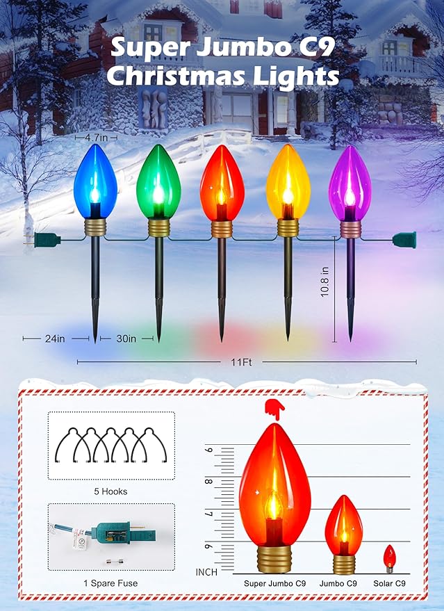 Super Jumbo C9 Christmas Pathway Lights - 11FT 5 LED Walkway Lights, Multicolor Outdoor Decoration for Yard Holiday Lawn