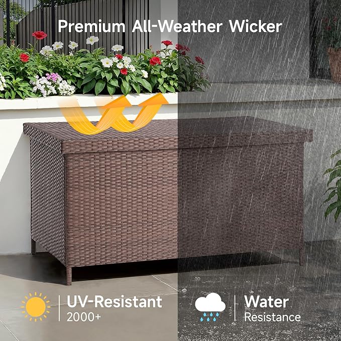158 Gallon XL Deck Box with Lid, All Weather Wicker Outdoor Storage Box Waterproof, Large Outdoor Patio Storage Bin for Cushions, Garden Tools, Gears, Pool Accessories, Brown