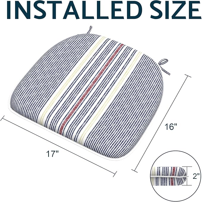 Indoor/Outdoor Chair Cushions 16x17 Inch, Patio Chair Cushions with Ties, All Weather Seat Cushions for Patio Furniture Home Garden Chair Use, Set of 4, Stripe Denim Blue