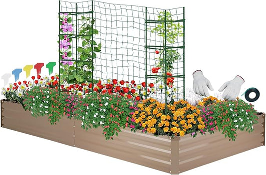 ONCEMORE Galvanized Raised Garden Bed for Vegetables Flowers Herbs, Metal Raised Garden Bed Kit with 2 PCS Tomato Cage, Gloves, Trellis Netting, Plant Labels, Plant Ties, Brown 8×4×1FT