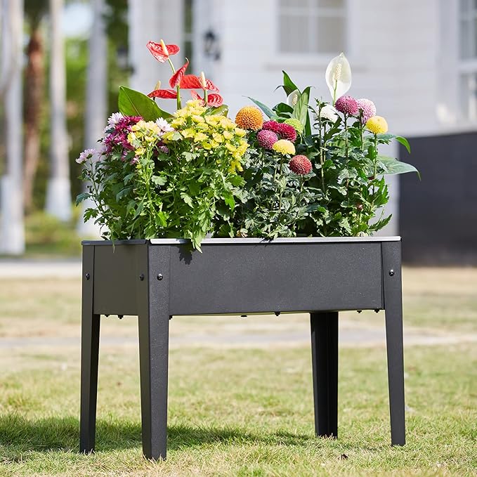 Raised Garden Bed, Elevated Planter Black Metal Plant Box with Legs Standing Garden Stand Drainage Holes Black(Black 24" L x 11" W x 18" H)