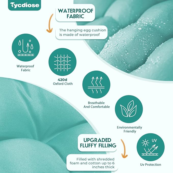 Egg Chair Cushion Replacement, Waterproof Outdoor Hanging Egg Chair Cushion Hammock Swing Chairs Cushions Pads, U-Shaped Thickened Cushions for Hanging Eggs Chairs, 47x33x7 Inches (Teal)