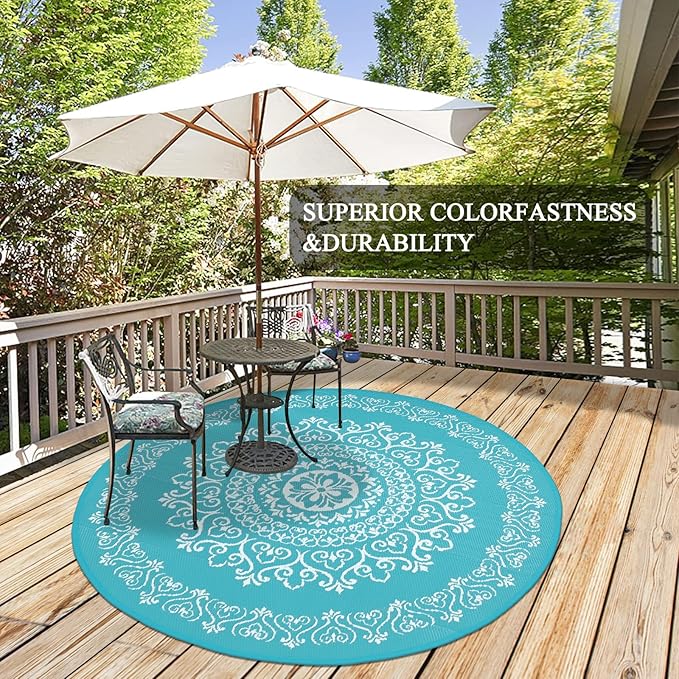 Pauwer Waterproof Outdoor Rug 6ft, Reversible Plastic Straw Patio Camping Rug, Indoor Outdoor RV Mat Carpet for Deck, Camper, Porch, Balcony, Backyard, Picnic, Floral Teal