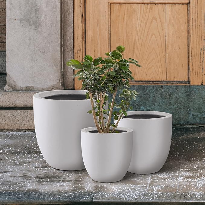 Kante 18",14",10" Dia Concrete Round Planters (Set of 3), Outdoor Indoor Large Planter Pots with Drainage Hole for Home Patio Garden, Pure White