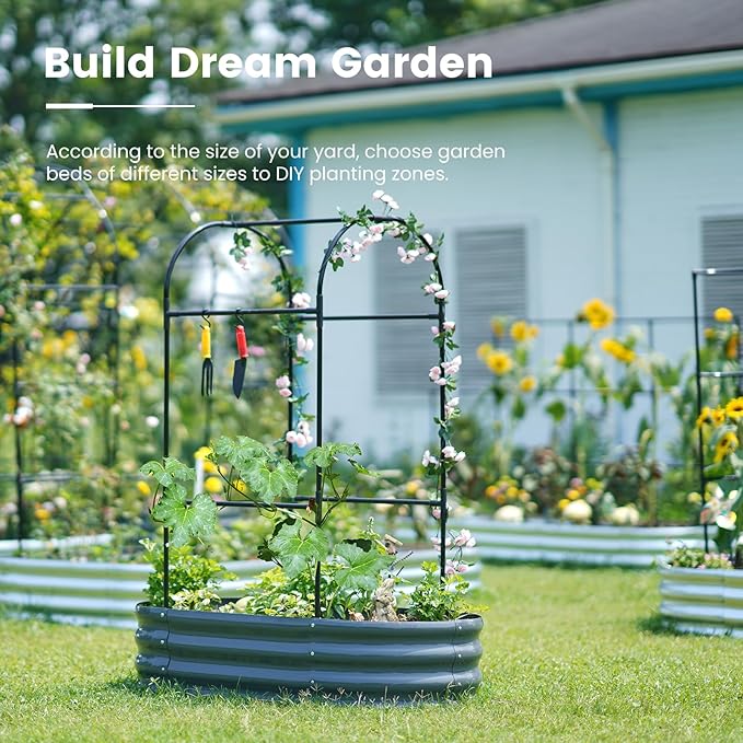 KING BIRD Raised Garden Bed with Arched Trellis Galvanized Planter Garden Box Outdoor for Gardening, Climbing Vegetables, Flowers 3.94x1.97x0.98 Ft, Dark Grey