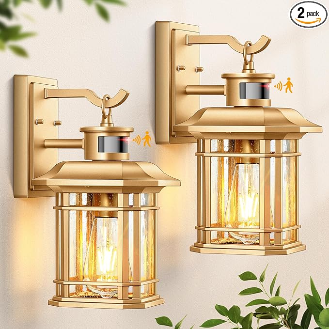 VIANIS Motion Sensor Exterior Lights for House, 2 Pack Dusk to Dawn Outdoor Lighting, Gold Outdoor Sconce Lantern, Waterproof, Weather Resistant Porch Lights Outside for House, Garage, Front Door