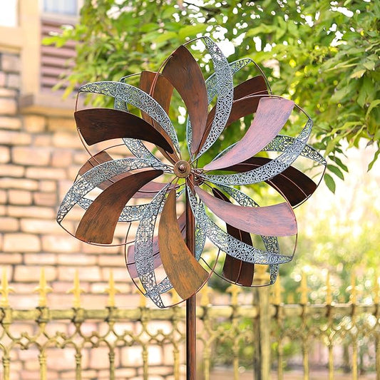 Garden Wind Spinner,Flower Wind Spinner,Outdoor Metal Wind Sculpture & Spinner Large 23 inch Dia 84 inch Height Kinetic Windmill for Garden Yard