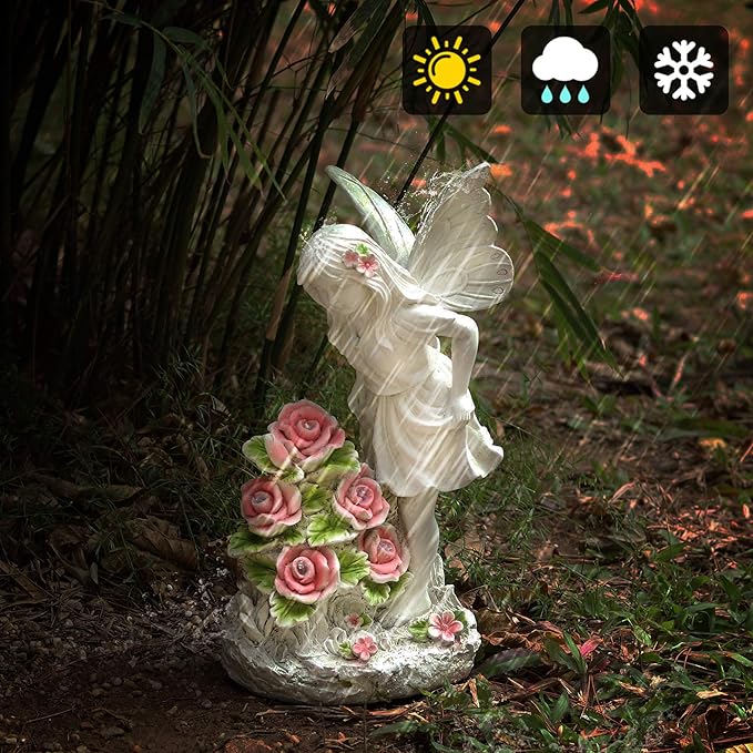 Garden Figurines Angel Garden Statue Outdoor Decor, Solar Powered Resin Sculpture with 5 LEDs Art Decoration for Patio Lawn Yard Porch, Ornament Housewarming Garden Gift, 12.8 x 7.5 x 6.1 Inch