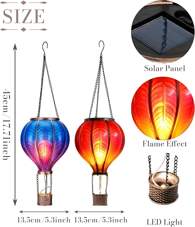 TERESA'S COLLECTIONS 2 Pack Hanging Solar Lantern Outdoor Garden Decor ,Waterproof Plastic Hot Air Balloon Red Flickering Flame Effect Lantern for Yard Tree,Gift for Mom Lovers,18"