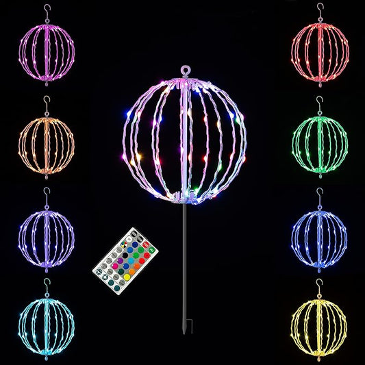 Christmas Ball Sphere, 10IN 48LED Hanging Tree and Pathway Light With Hook and Stake, Foldable Metal Frame Ball for Outdoor Garden, UL Listed, White Frame, RGB