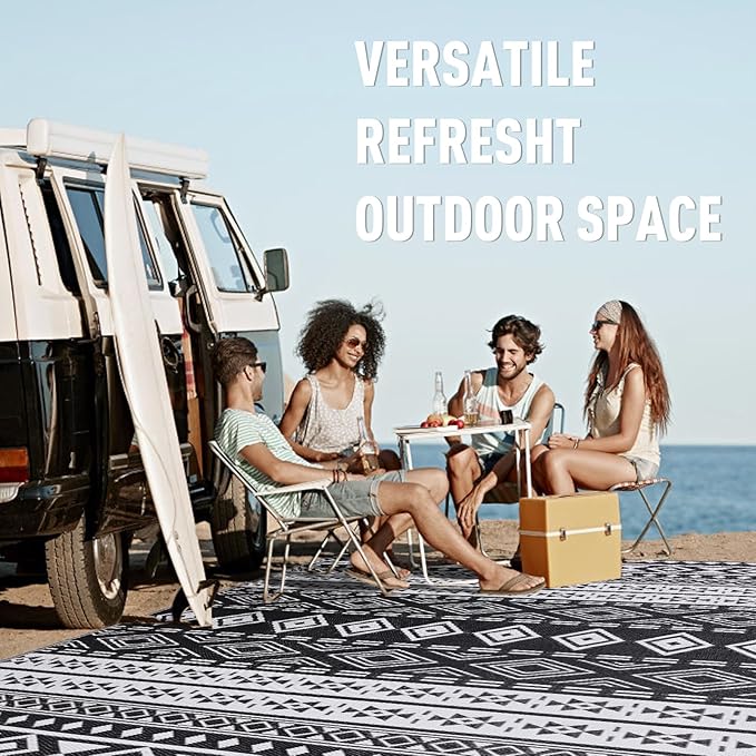 WILDROOTS 6x9 Feet Black and White Plastic Outdoor Rug, Stain Resistant Waterproof Reversible Outdoor Patio Rug, Fade Resistant Camping Rug