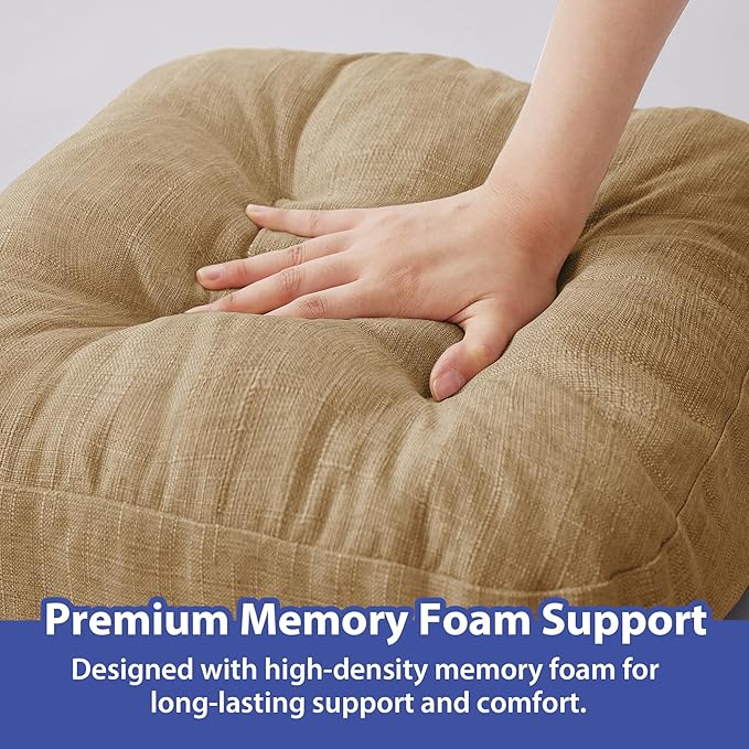 Chair Cushions for Dining Chairs, Dining Chair Cushions, Tufted Indoor Chair Pads with Ties & Non Slip Backing, Seat Cushions for Kitchen Chairs 16.5” x 16.5” x 3.5”, Set of 4, Khaki