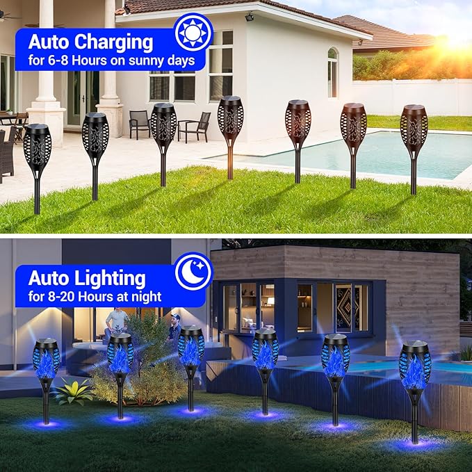 12 Pack Solar Torch Lights Outdoor Waterproof - Blue Flickering Flame, Outdoor Solar Garden Lights for Yard, Tiki Torches for Outside Patio Pathway Decorations