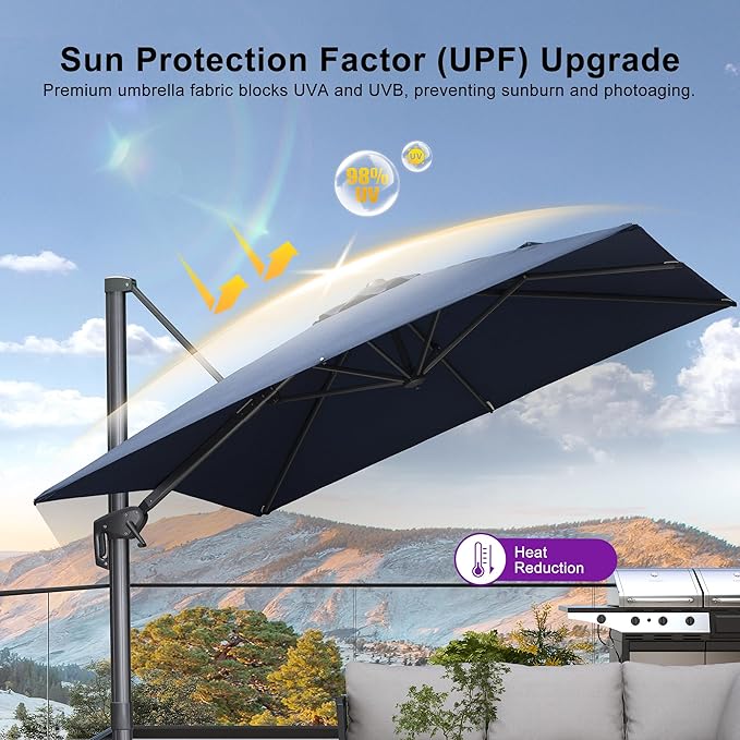 PURPLE LEAF 9' X 11.5' Rectangle Patio Umbrella Outdoor Large Aluminum Cantilever Umbrella with 3-Year Fade Resistance Recycled Fabric and 360-degree Rotation for Deck Pool Garden, Ocean Slate