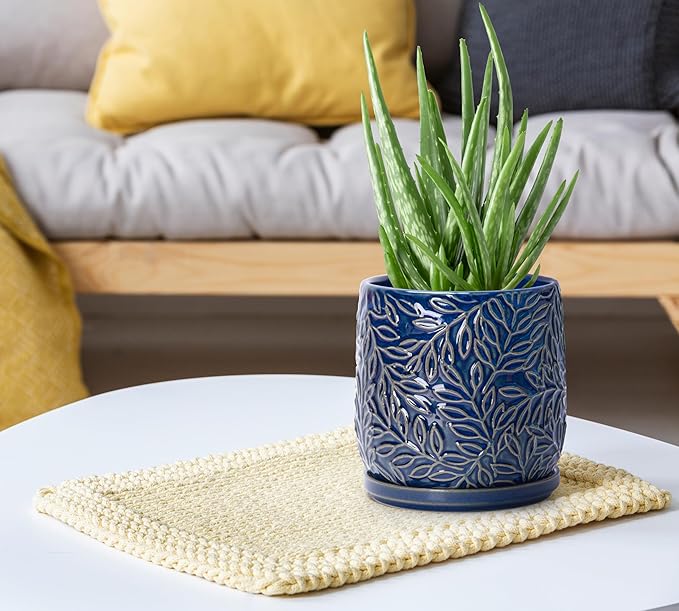 D'vine Dev 5 Inch Embossed Leaves Stoneware Planter Pot with Drainage Hole and Saucer, Midnight Blue, 27-A-V-3