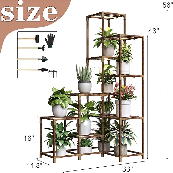 HOMKIRT Corner Plant Stand with Grow Lights, 14 Tier Tall Plant Shelf Indoor Outdoor for Multiple Plants, Wood Plant Ladder Rack Holder Display Flower Stand for Patio Porch Garden Living Room