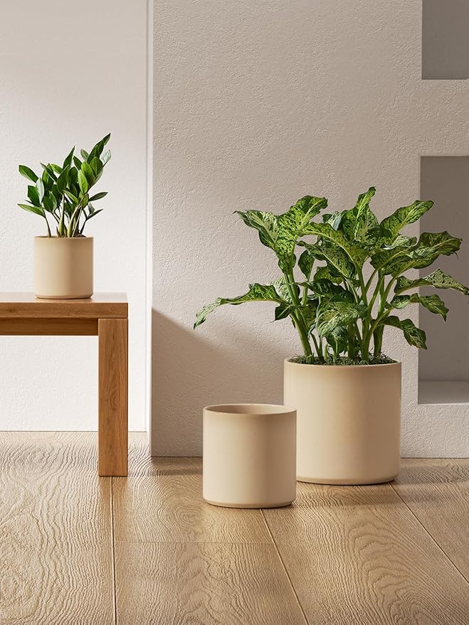 LE TAUCI Large Plant Pots Set, 10/8/6 Inch Ceramic Planters for Indoor Plants, Mid-Century Modern Planter Pots with Drainage Hole and Plug, Round Planter Pots, Set of 3, Reactive Glaze Cloud Cream