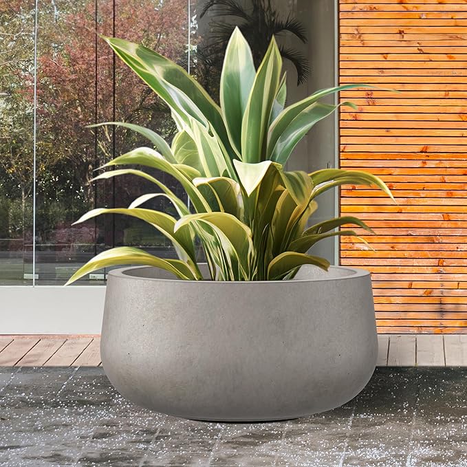 Kante 19.6" Dia Round Concrete Planter, Cement Plant Pots with Drainage Hole and Rubber Plug for Outdoor Indoor Garden Home, Modern Curvaceous Design, Weathered Concrete