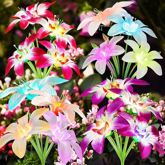 Solar Lights Outdoor Waterproof, 4 Pack Upgraded Garden Lights Solar Powered with 16 Double Layer Lily Flowers, Colorful Outdoor Solar Lights for Outside Yard Patio Garden Decor