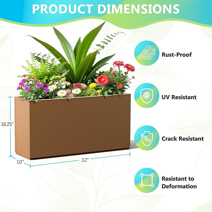 FENCY Metal Rectangular Planter Box, Large Planters for Outdoor Plants, Tall Planters for Outdoor Plants with Drainage Holes (32" L x 10" W x 16.3" H,Brown)