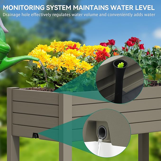 YITAHOME 3.6x1.5x2.8 FT Elevated Garden Bed Kit with Legs and Wheels, Outdoor Large Resin Planter Box Stand with Drain Plug and Storage Shelf for Plants Vegetables Fruits, Light Brown