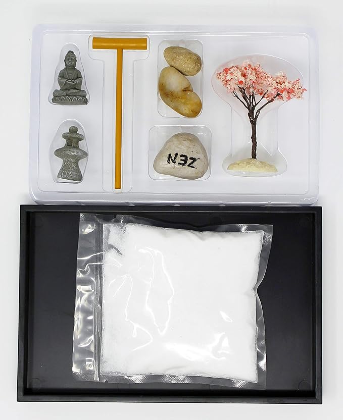 Nature's Mark Mini Zen Garden Kit for Desk with Rake, White Sand, Buddha, Lantern, Black Rectangle Base, River Rocks and Mini Blossom Tree (8Lx5W C)