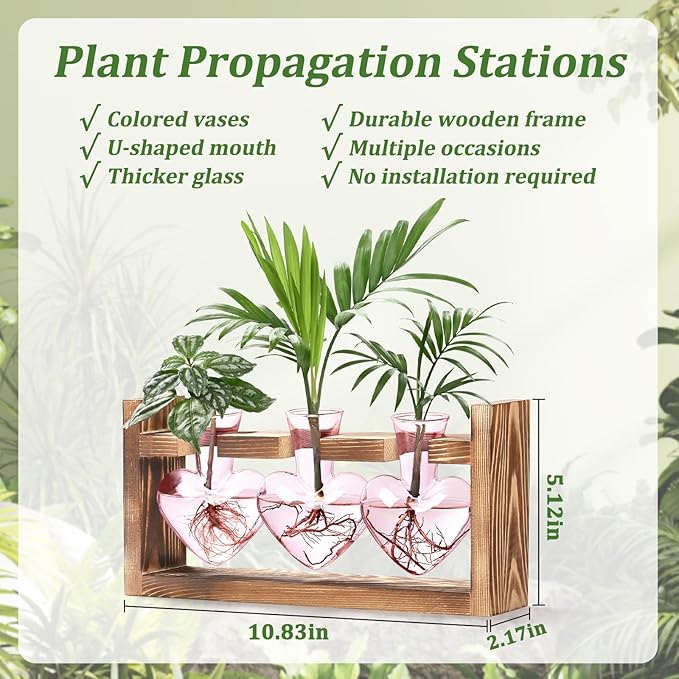 Lifecapido Heart Shaped Propagation Stations, Plant Terrarium with Wooden Stand, Plant Propagation Station for Hydroponics Plants Office Garden Home Decor, Gifts for Women Plant Lover (3 Vases, Pink)
