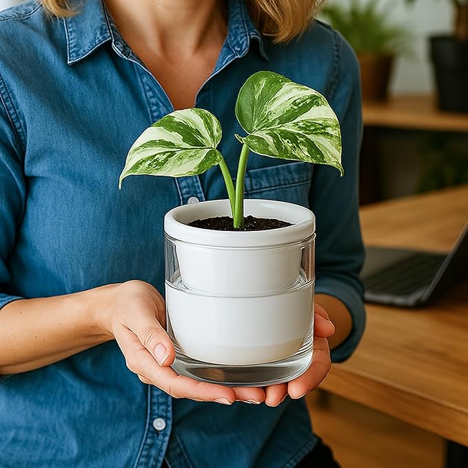 D'vine Dev 4 Inch Design Self Watering Planter for Indoor Plants, White Terracotta Pots with Cylinder Glass Cup, Set of 2, 37-Y-A-2