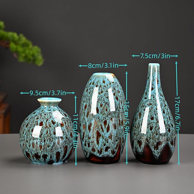 Ceramic Bud Vase Set, Fambe Blue Glazed Finish, Decorative Flower Vases (Blue-Set of 3)