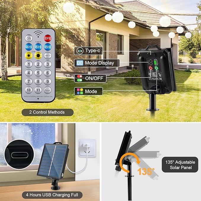 Solar Lantern String Lights Waterproof Outdoor, 40ft 40Led Warm White & Multi-Color Garden Lights Hanging Hemp Rope Nylon Lanterns with Remote, Timer for Yard, Balcony, Fences, Porch, Patio, Party