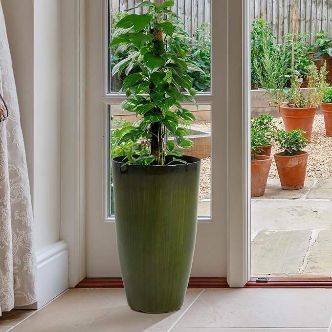 Worth Garden 20" H. Large Plastic Planters - Set of 2 Gradient Green Glossy Smooth Finish - Tall Plant Pots for Indoor & Outdoor Use - Decorative Lightweight Flower Pots for Front Porch, Patio, Deck