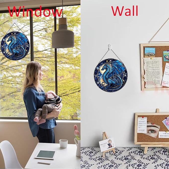 Celestial Dragon Pattern Suncatcher Stained Glass,Hanging Stained Glass for Windows,20cm/7.87inch Sun Catcher Garden Hangings Ornaments Halloween Fall Christmas Decor for Home